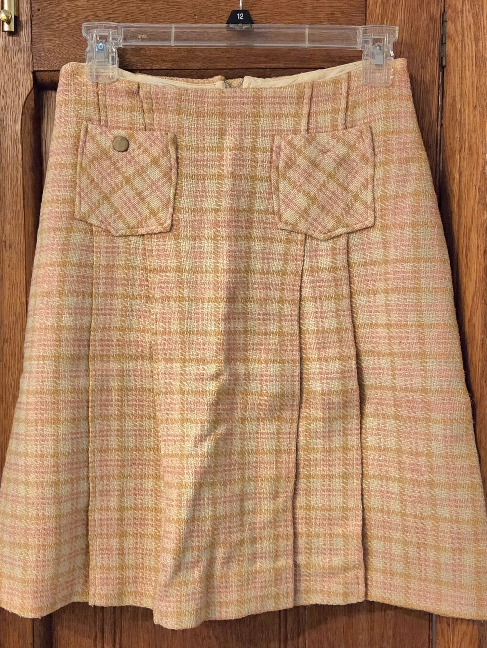 Vintage 60's Tweed Plaid A-Line Mini Skirt in Peach & Cream Size Small / Medium